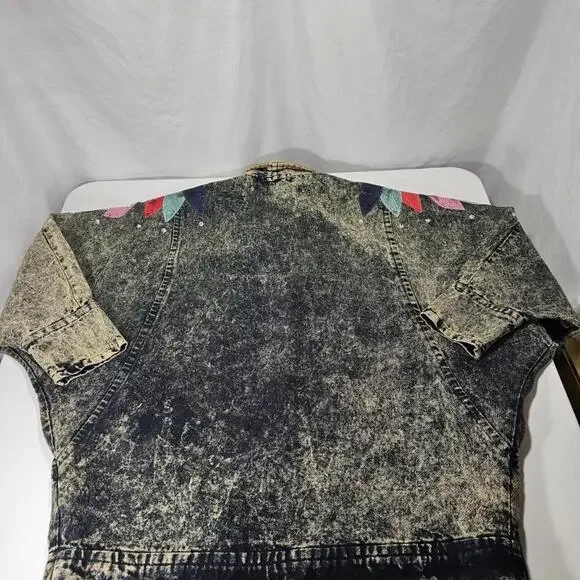 Diamonds Leather Acid Wash Embellished Denim Jean Jacket 1980s USA Size Medium - Picture 7 of 15